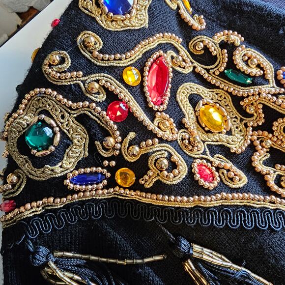 Vintage Diane Freis Jeweled Tasseled Embroidered Black Wool Cardigan Size L/XL - Picture 9 of 10